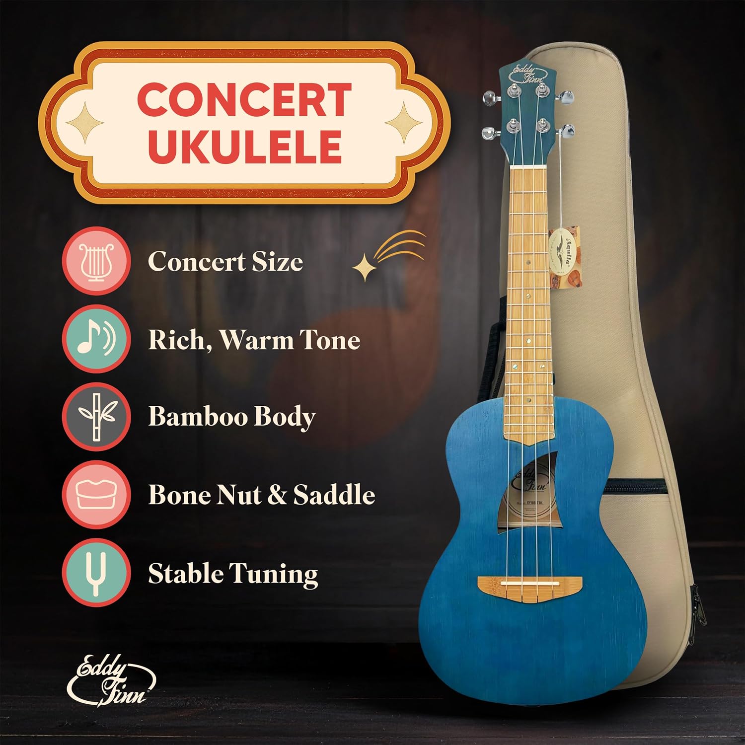 Bamboo Beach Concert Ukulele for Adults, Beginner and Professional Musical Instrument, Travel-Friendly with Gig Bag, Concert Blue