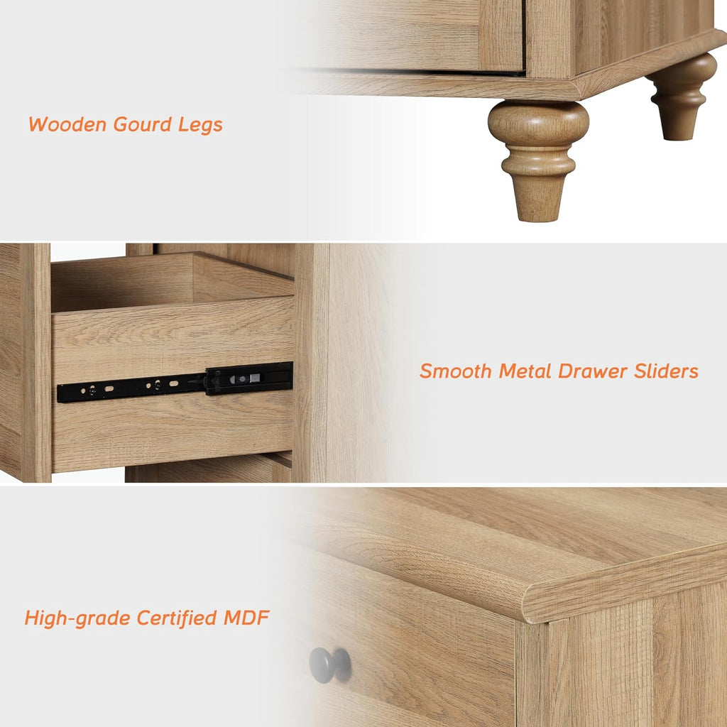 WAMPAT Farmhouse Nightstand with 3 Drawers, Large Wood Bedside Table Night Stand, Wide Sofa Side End Table 3 Drawers for Living Room, Bedroom, Oak, 34 inch