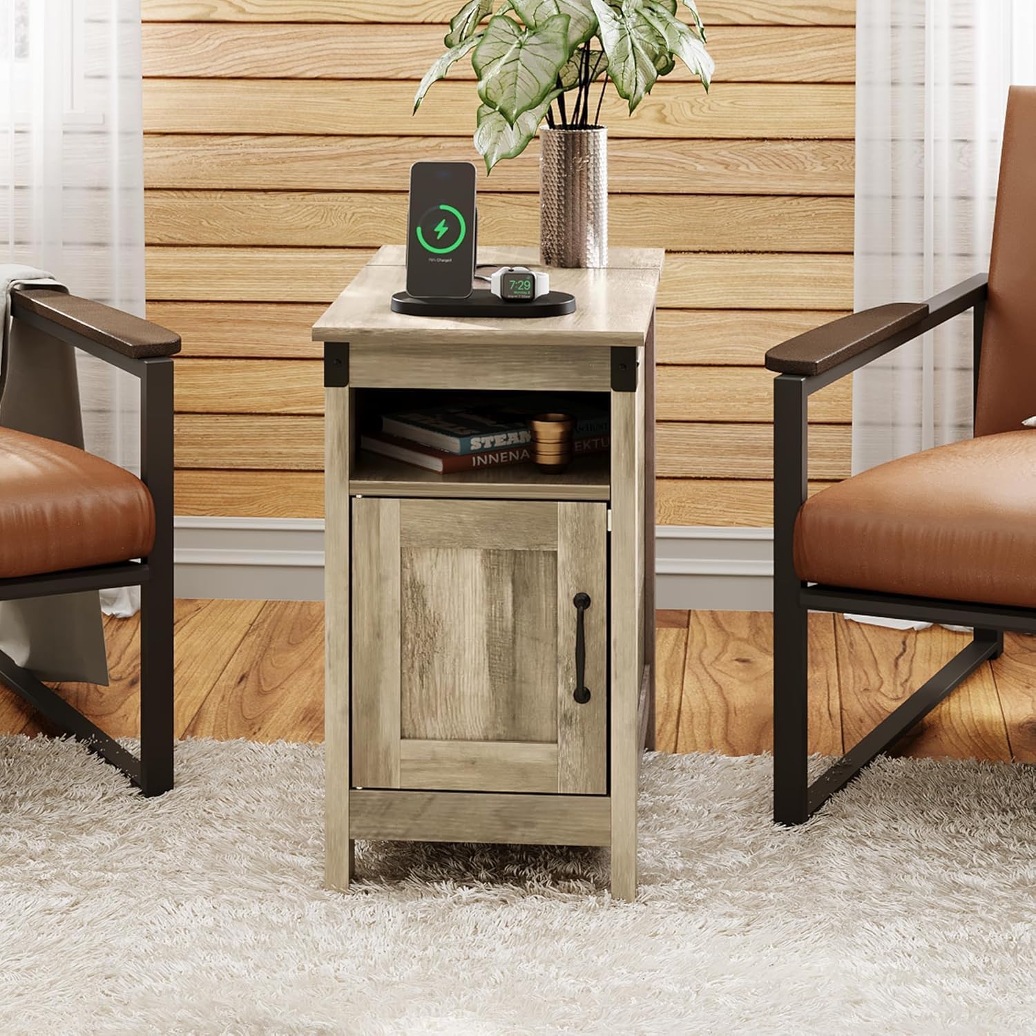 WLIVE Farmhouse End Table Set of 2 with Charging Station, Narrow Side Tables Living Room, Bedroom, Couch with USB Ports and Outlets, Wood Nightstand Sets with Storage, Greige