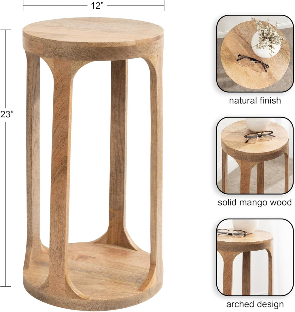 Kate and Laurel Dahl Wooden Round Drink Table; 12 x 23; Natural Brown; Transitional Boho Circle Wood Accent Pedestal Table for Living Room Plant Stand or Small Bedroom Nightstand