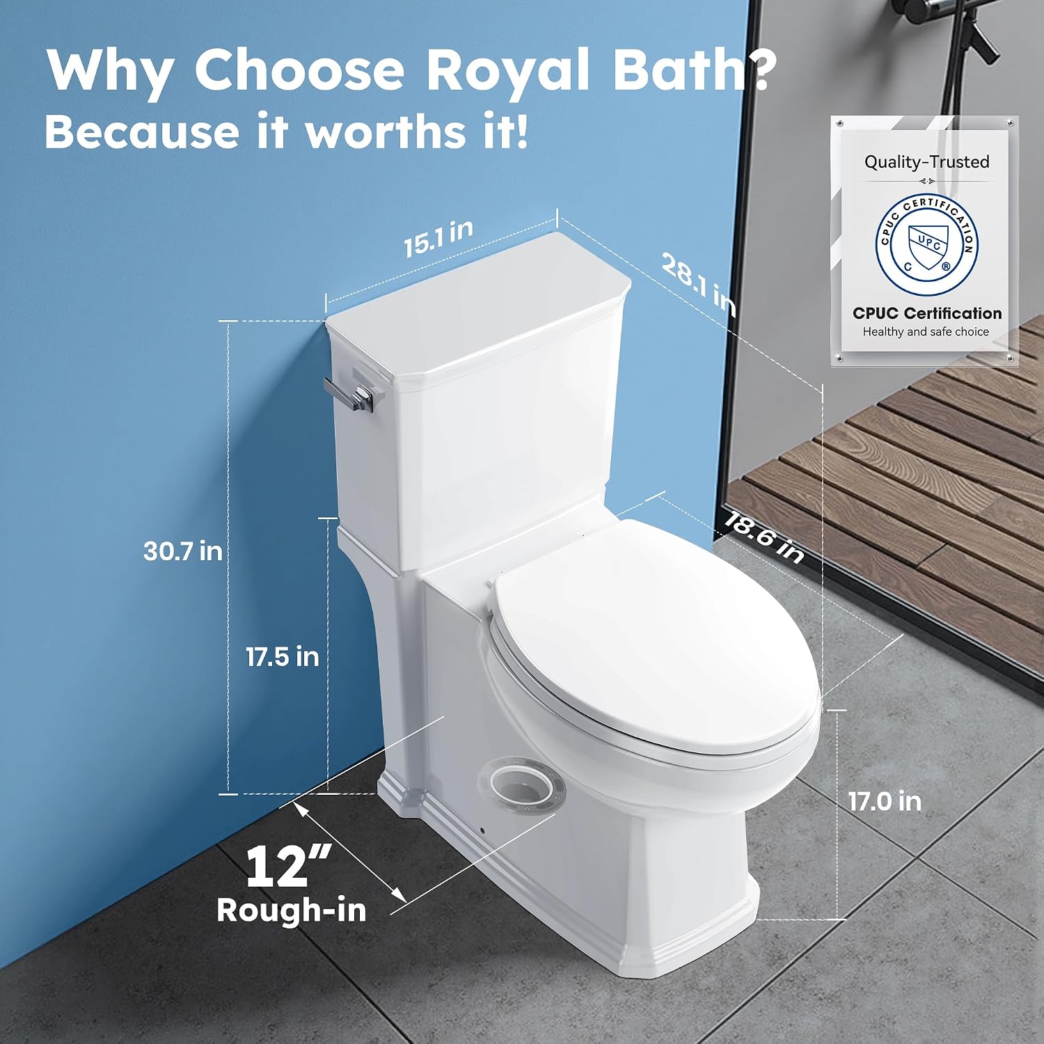 17.3' ADA Comfort Height Toilets with Hidden Drainage Port, 14' Wide Bowl Two Piece Toilets for Bathrooms, Tall Height, 1.28 GPF Single Power Flush Toilet with Jet Flush, 12' Rough In