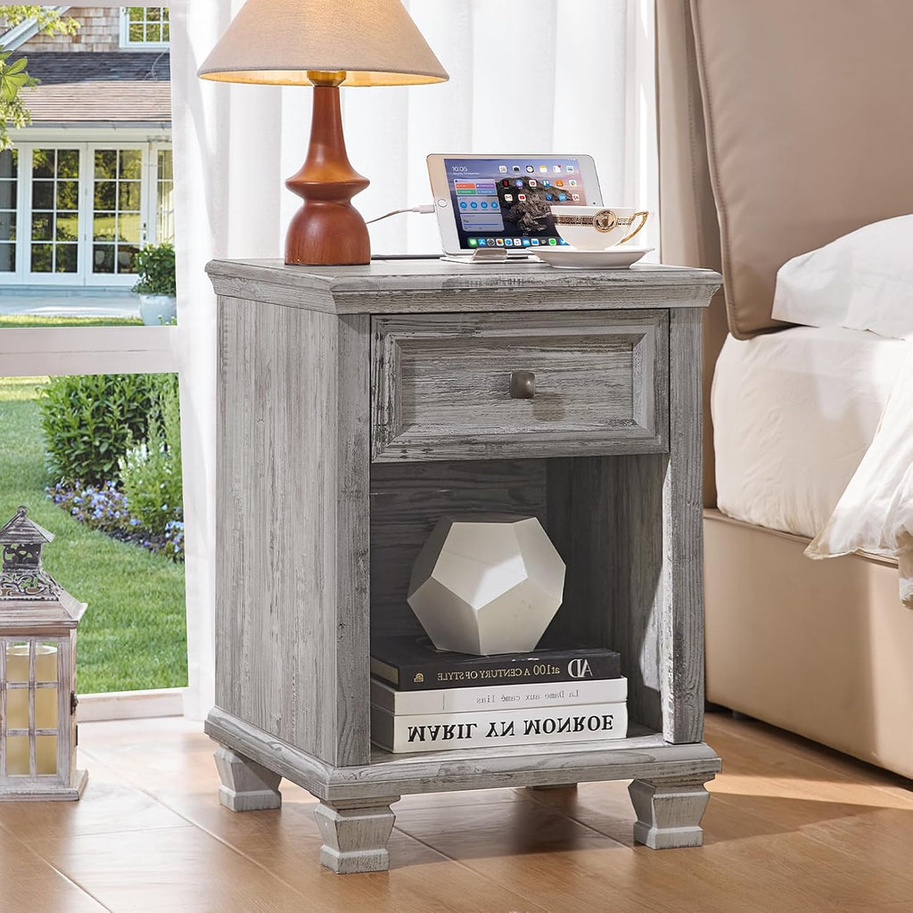 SAVOR LIFE Farmhouse Night Stand Set of 2, Rustic Wood Nightstand with 1 Drawer, Bedside Table with Open Shelf for Bed Room, End Table for Living Room, Grey