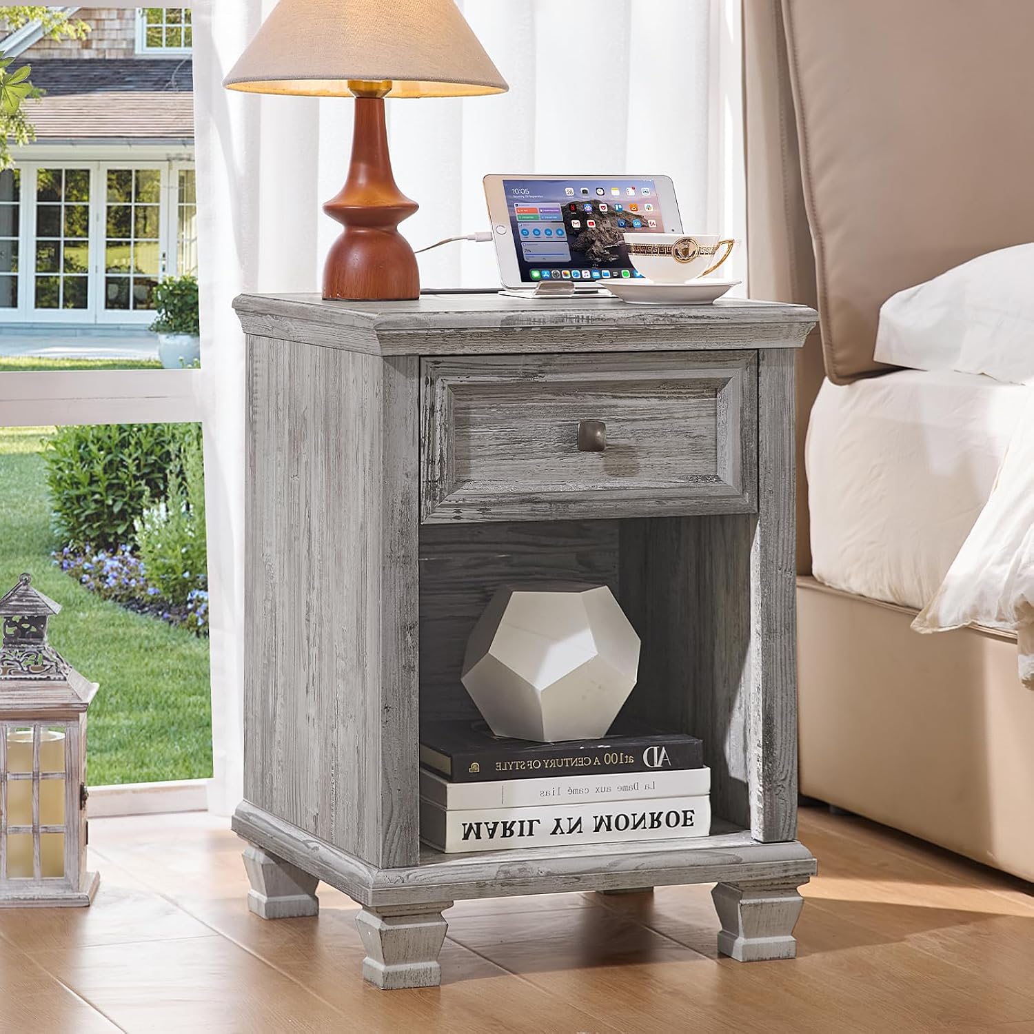 SAVOR LIFE Farmhouse End Tables Living Room Set of 2, Rustic Wood Nightstand with 1 Drawer, Bedside Table with Open Shelf for Bed Room, Side Table for Living Room, Grey