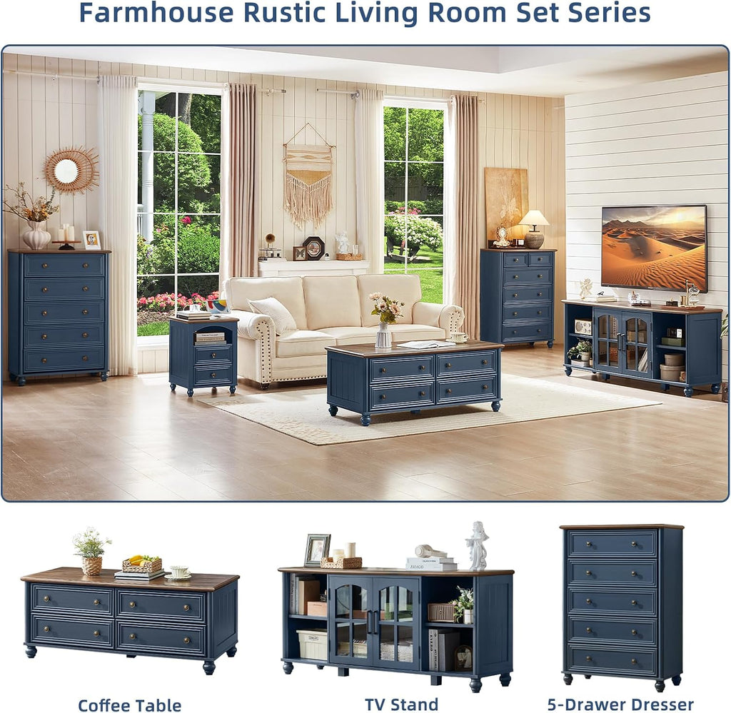 RWYHG Farmhouse Coffee and end Tables 3-Piece Set,Wood 48' Center Table with 4 Drawers,Large Sofa Side Table with Charging Station & with Glass Barn Door Storage for Home Living Room Hallway,Blue