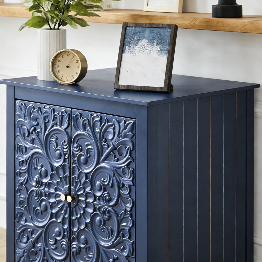 weselon Farmhouse End Table with Carved Floral Door, 24' Wide Nightstand with Adjustable Shelf, Wooden Square Sofa Side Table Storage Table for Living Room Bedroom (Midnight Blue)