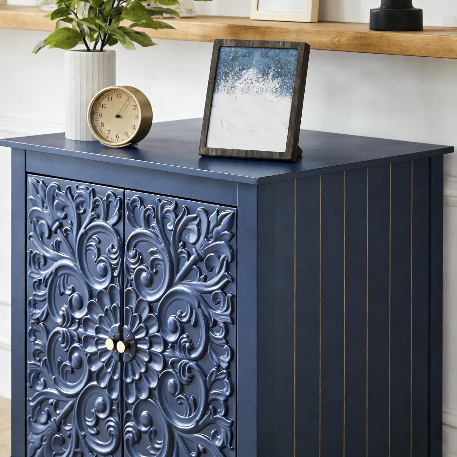 weselon Farmhouse End Table with Carved Floral Door, 24' Wide Nightstand with Adjustable Shelf, Wooden Square Sofa Side Table Storage Table for Living Room Bedroom (Midnight Blue)