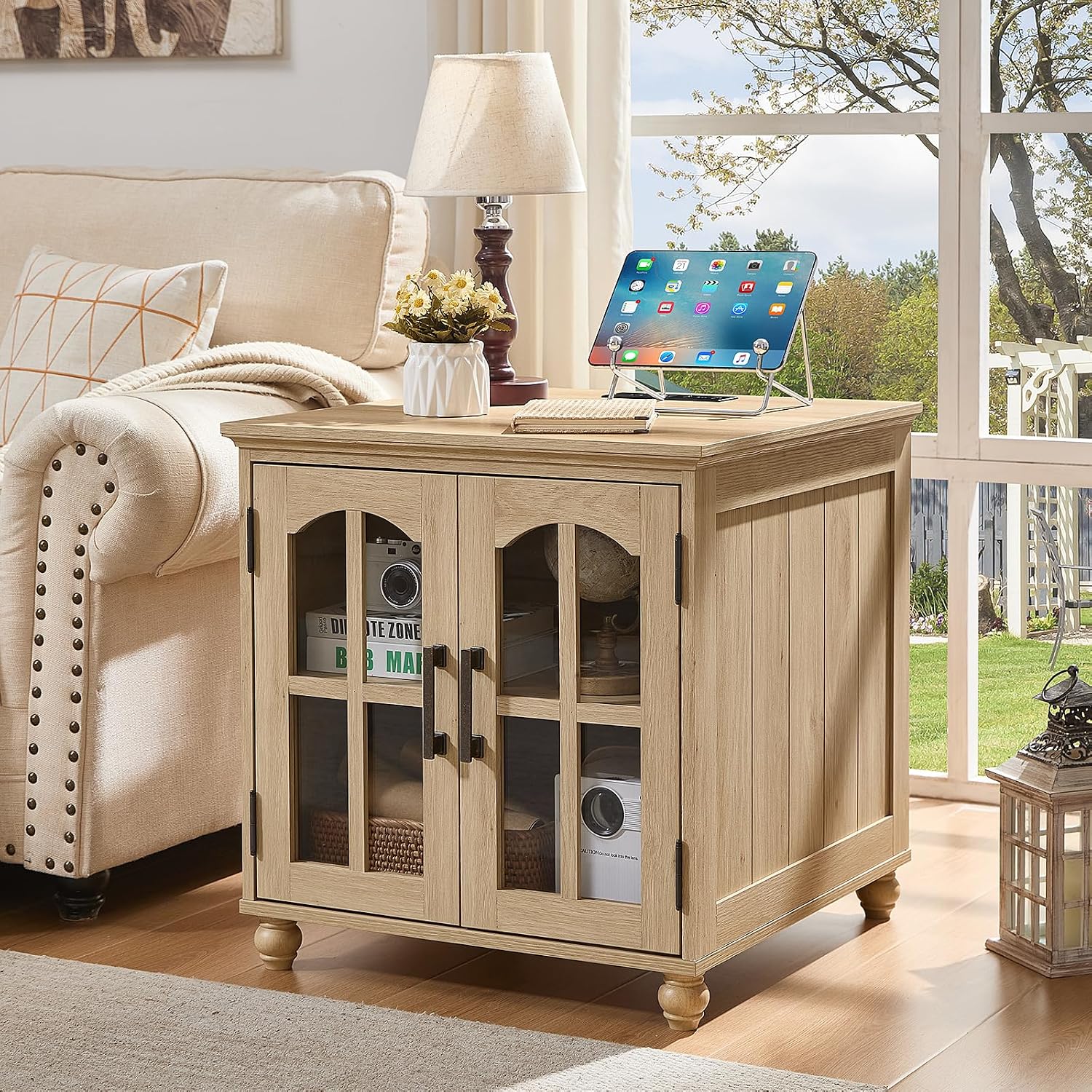 RWYHG End Table Set 3 with Charger Station, 18'' Narrow Nightstand and 24' Large Sofa Side Tables with Glass Barn Door Storage, Farmhouse Night Stands Bedside Table for Living Room,Bedroom