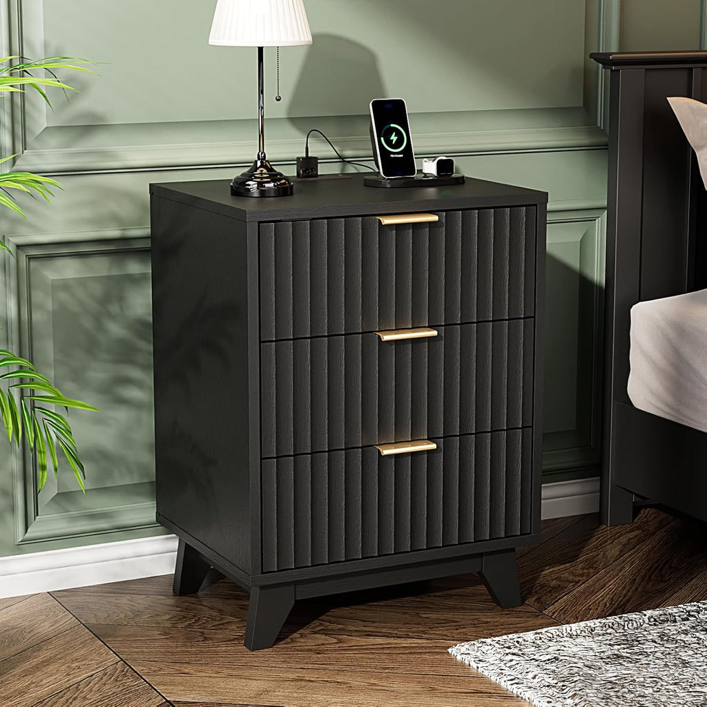 VINGLI Black Fluted Nightstands Set of 2 with Charging Station,3 Drawer Black Wood Nightstand for Bedroom, Modern Night Stand with Drawers, Fluted Bedside Table/End Table/Side Table, 2 pcs