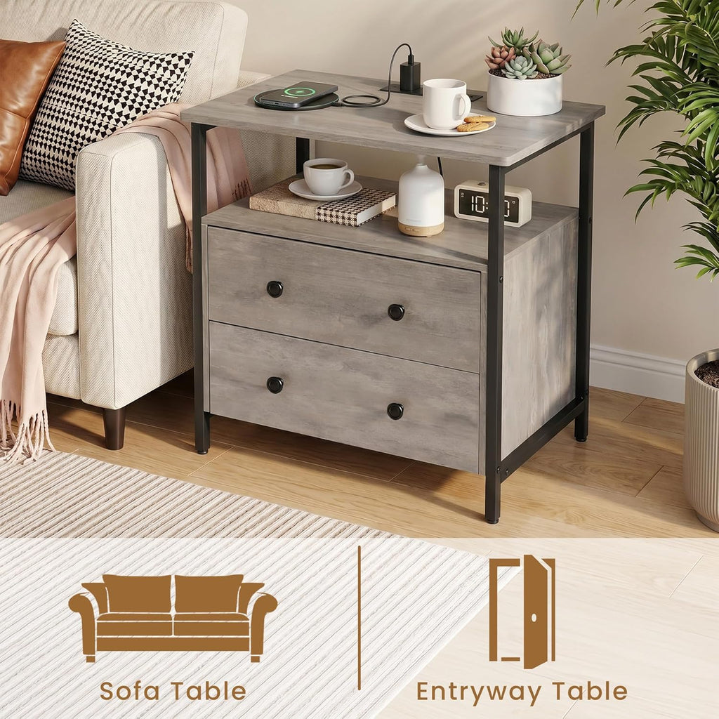 Edbuosy 27 inch Wide Night Stand Set 2 with Charging Station, Bedside Table with Open Shelf, 2 Drawers Small Wood Dresser, Modern Wood Nightstand for Bedroom/Living Room (Rustic Gray)