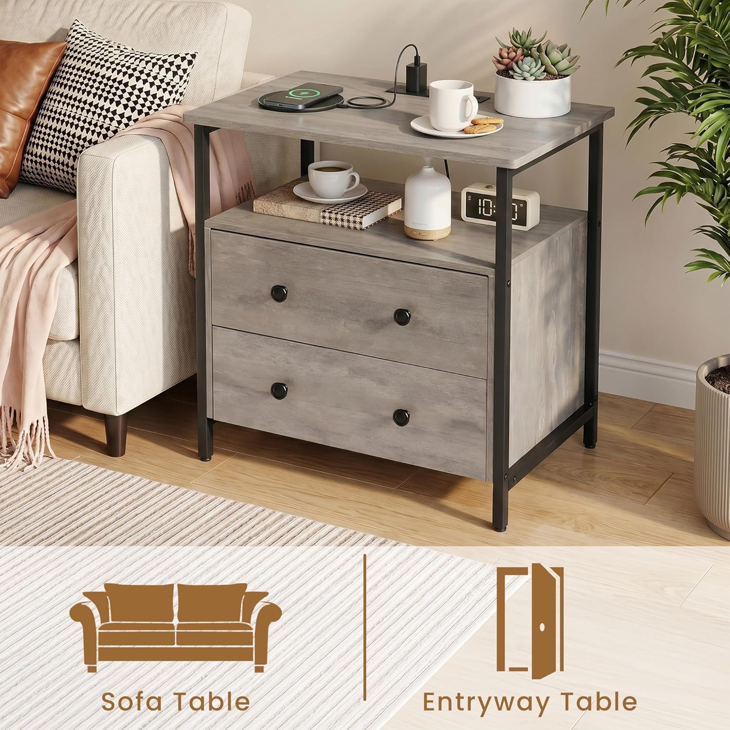 Edbuosy 27 inch Wide Night Stand Set 2 with Charging Station, Bedside Table with Open Shelf, 2 Drawers Small Wood Dresser, Modern Wood Nightstand for Bedroom/Living Room (Rustic Gray)