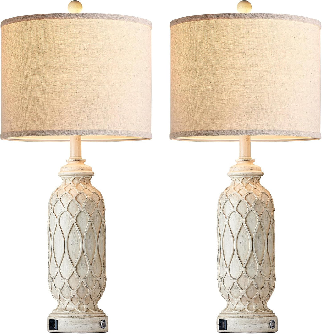Farmhouse Lamps for Living Room Set of 2, 28' Table Lamps for Bedroom with USB A+C Charging Ports, Touch Lamps for Nightstand, 2 Bulbs Included