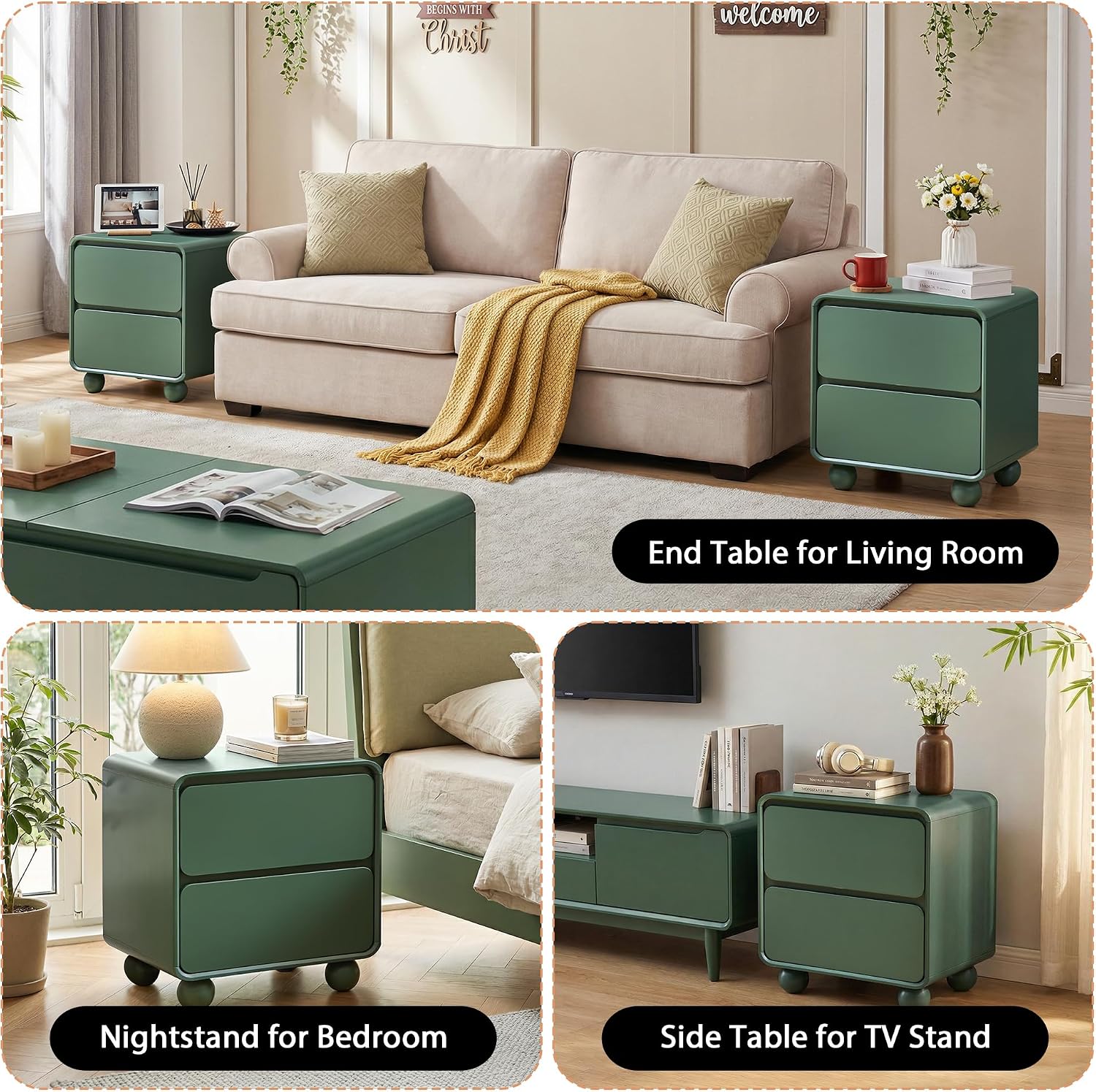Small Night Stand Set of 2, Mid Century Modern Nightstands with 2 Drawers and Solid Wood Legs, 2 Drawer Dresser Curved Profile Design End Table Side Table for Small Space, Dorm, Bedroom(Green)