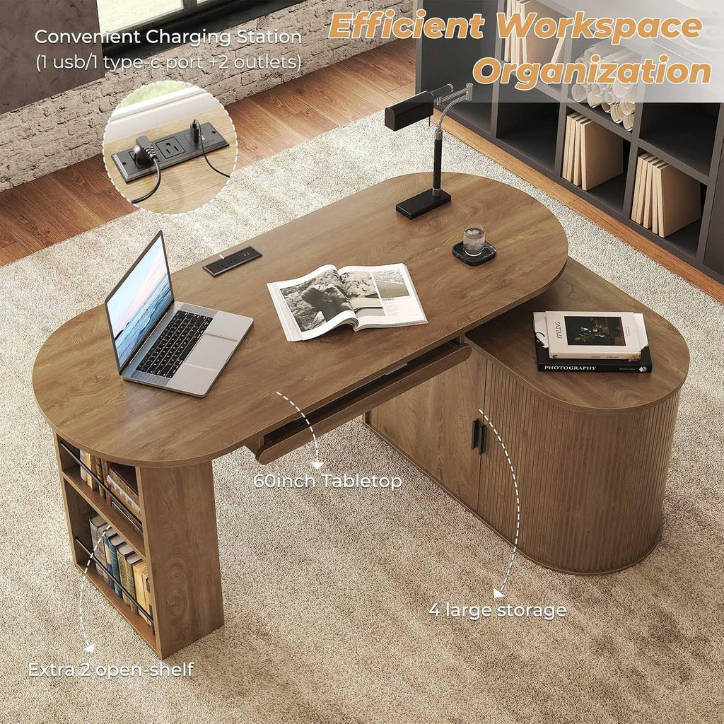 HSH L Shaped Computer Desk with Storage Cabinet, Reversible Office L Desk with Keyboard Tray and Open Shelves, Home Office Corner Executive Desk with Power Outlet, Annual Ring Wood, 60 Inch