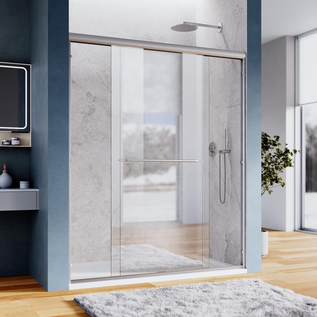 SUNNY SHOWER Bypass Sliding Shower Door Semi-Frameless Shower Enclosure 1/4'(6mm) Glass Sliding Bathroom Door, Brushed Nickel Finish, 48' W x 72' H