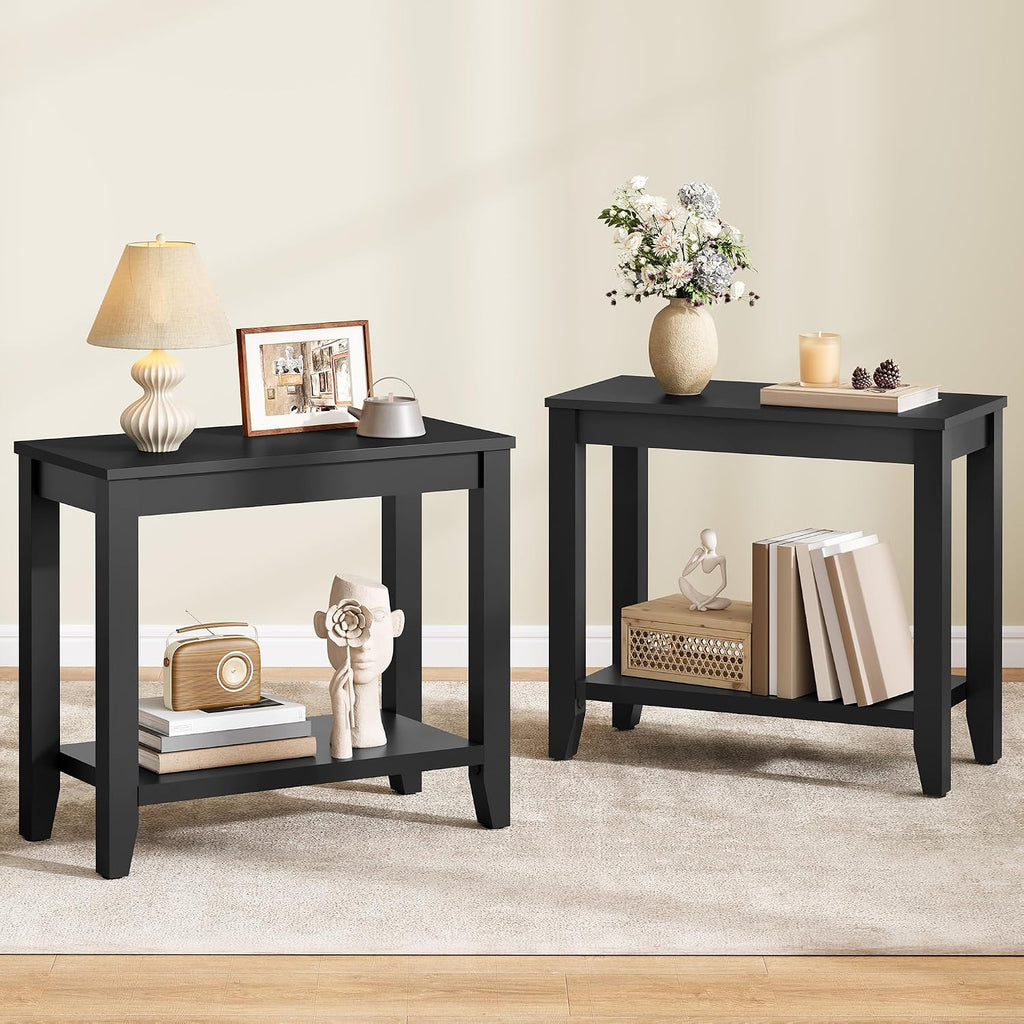 Hoctieon End Table with Double Storage Shelves, Sturdy Wooden Side Table for Living Room, Bedroom, Modern Nightstand Sofa Table for Small Spaces, Black, Set of 2
