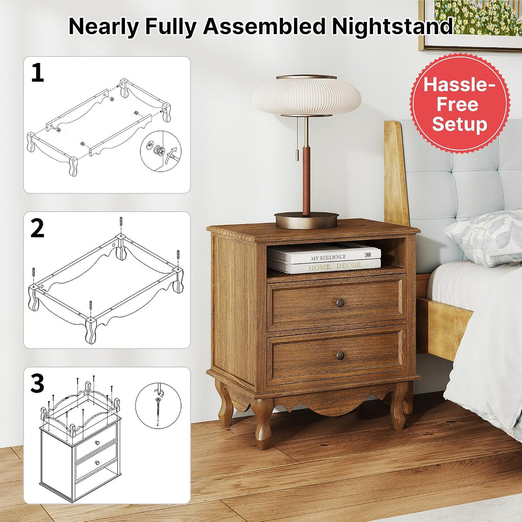 Solid Wood Nightstands Set of 2, Fully Assembled Night Stand with 2 Drawer & Open Shelf Storage, Bedside Table with Charging Station, Mid-Century Modern End Table for Bedroom, Walnut