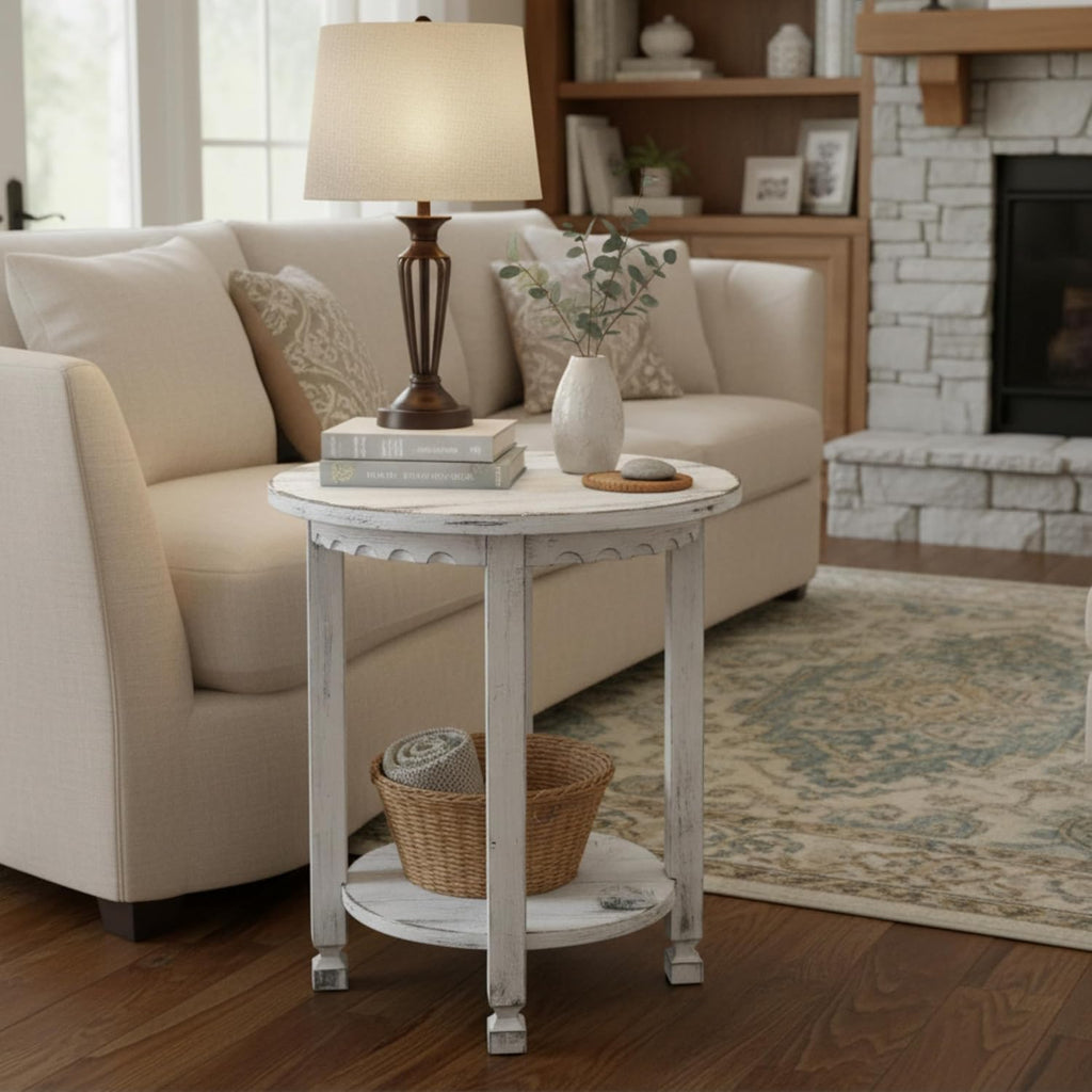 Alaterre Furniture Country Cottage Rustic Farmhouse Nightstand – 20-Inch Side Table with Lower Shelf, Carved Edges & Square Turned Legs – Accent Table for Living Room or Bedroom (Antique White)