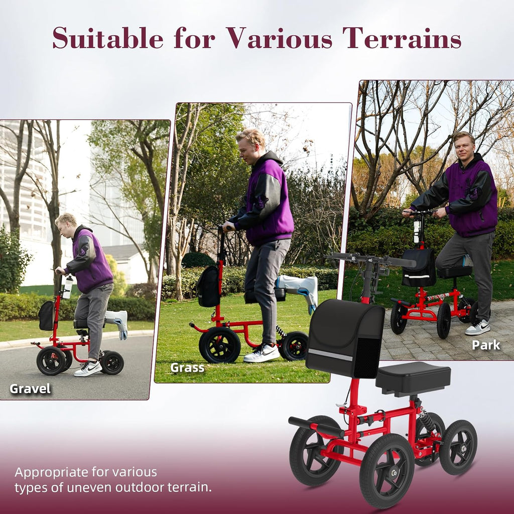 All Terrain Knee Scooter for Adults, Foldable Rolling Knee Scooter with DIY Stickers & Shock Absorber, Steerable Knee Walker for Broken Foot, Ankle Injuries & Surgery, Better Crutch Alternative