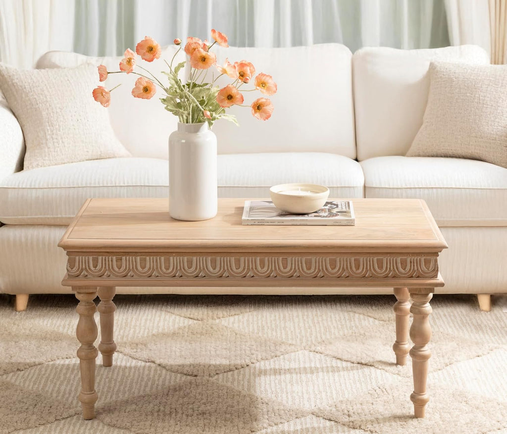 Kate and Laurel Patresa Traditional Carved Rectangle Wood Coffee Table, 36 x 20 x 18, Light Natural, Decorative Rectangular Living Room Table with Storage for Useful Home Decor