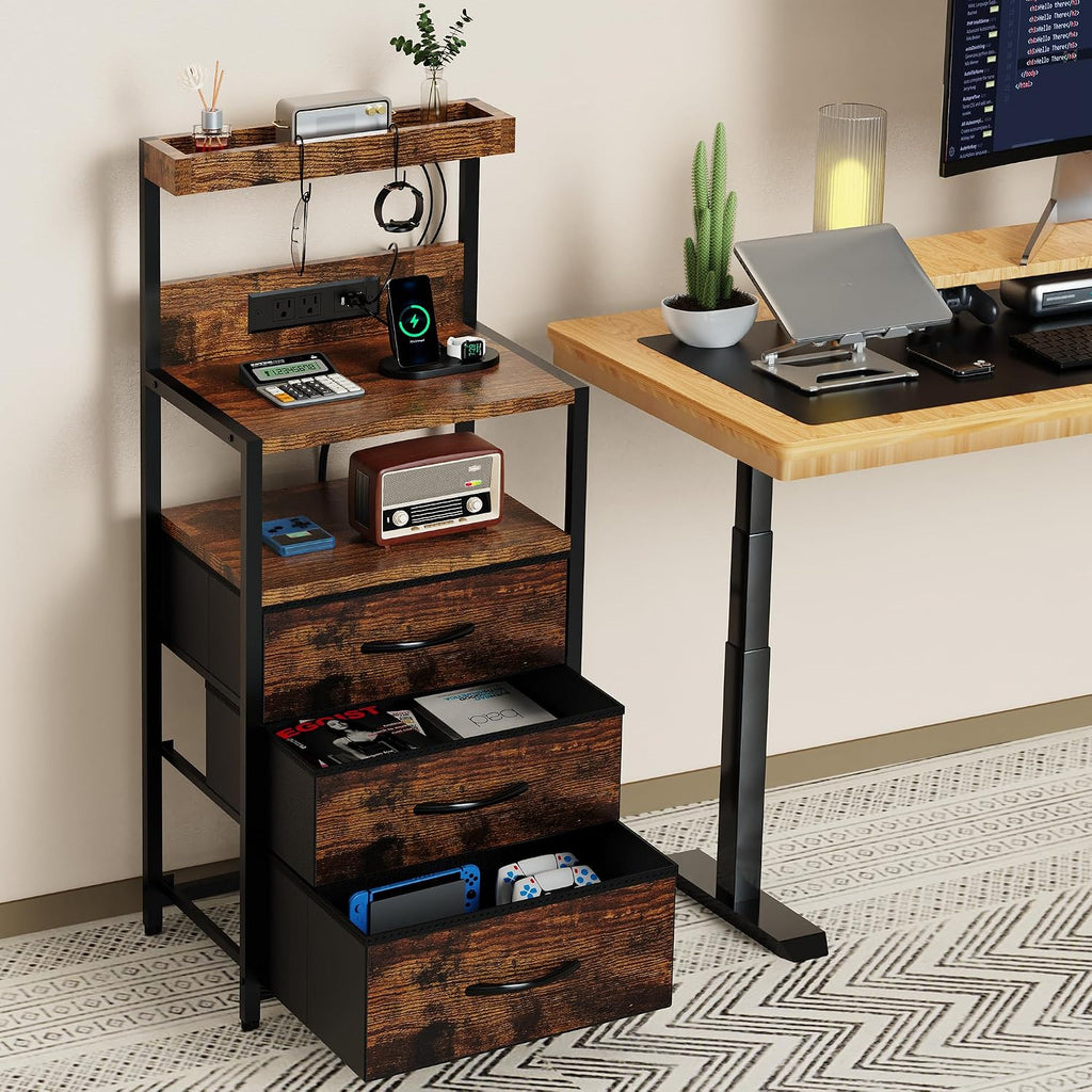 SZLHANJZ Nightstands Set of 2 with Outlet and USB C Port, Bedroom Night Stand with Led Lights and 3 Fabric Drawers, Matching Bedside Tables with Hooks, Vintage Style Storage End Tables, Rustic Brown