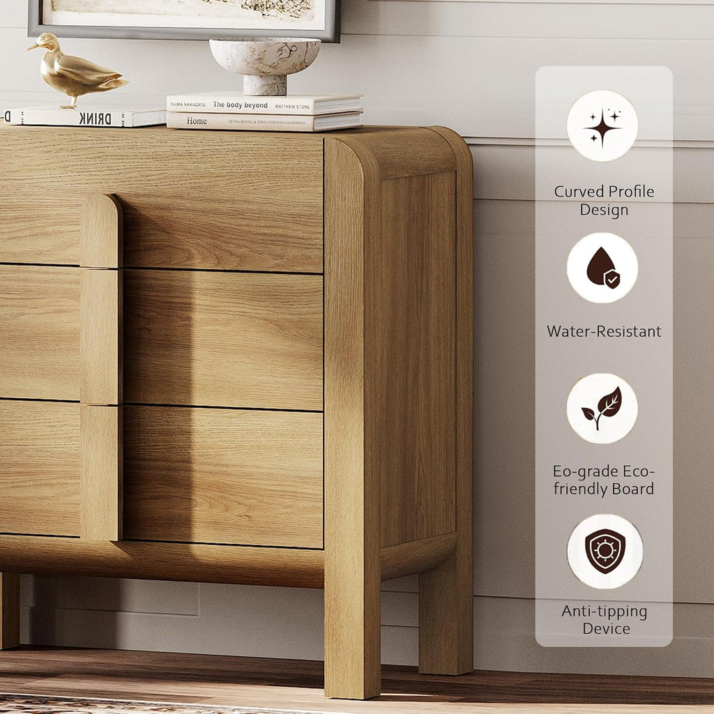 WAMPAT Nightstands Set of 2, Large Nightstands with 3 Drawers, Modern 31.5' Tall Wooden End Tables with Storage, Walnut Nightstands Bedside Tables with Curved Design for Bedroom