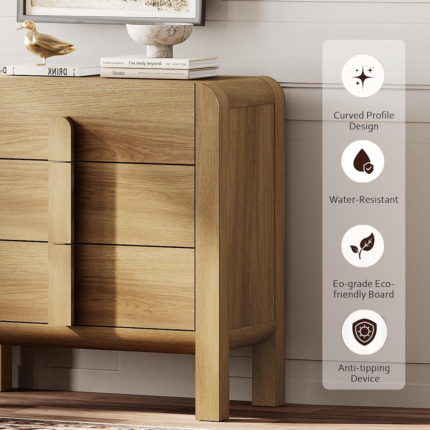WAMPAT Nightstands Set of 2, Large Nightstands with 3 Drawers, Modern 31.5' Tall Wooden End Tables with Storage, Walnut Nightstands Bedside Tables with Curved Design for Bedroom