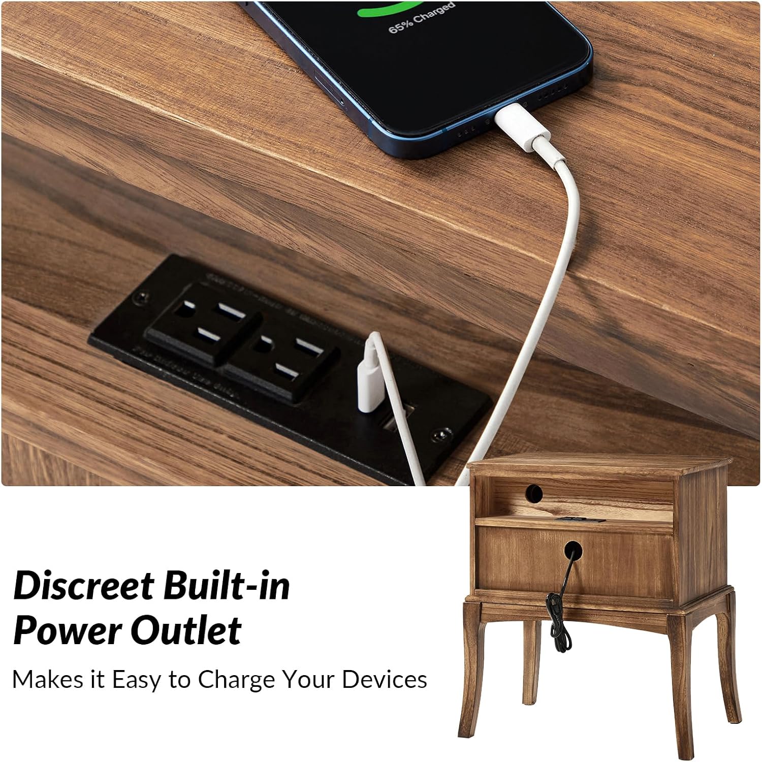 HULALA HOME Solid Wood End Table with Charging Station, 2 Drawer Side Table, Tall Mid Century Modern End Table for Living Room Set of 2, Cherry