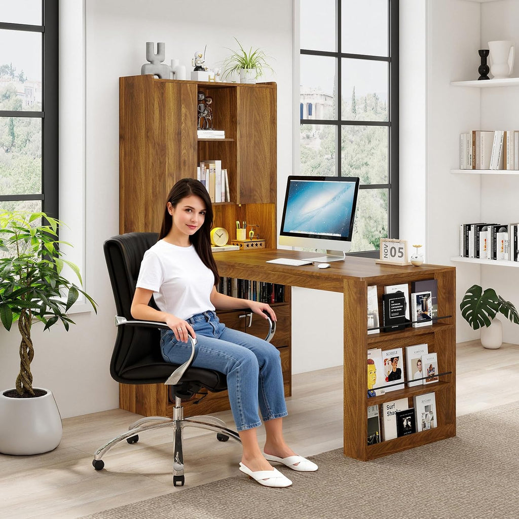Zevemomo L Shaped Desk with Hutch and 2 Drawers, Computer Desk with USB Ports, Power Outlets & LED Light, Wood Corner Computer Desk with Storage Shelves for Home Office, Brown