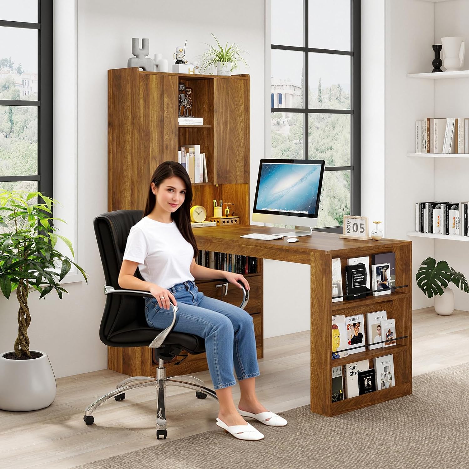 Zevemomo L Shaped Desk with Hutch and 2 Drawers, Computer Desk with USB Ports, Power Outlets & LED Light, Wood Corner Computer Desk with Storage Shelves for Home Office, Brown