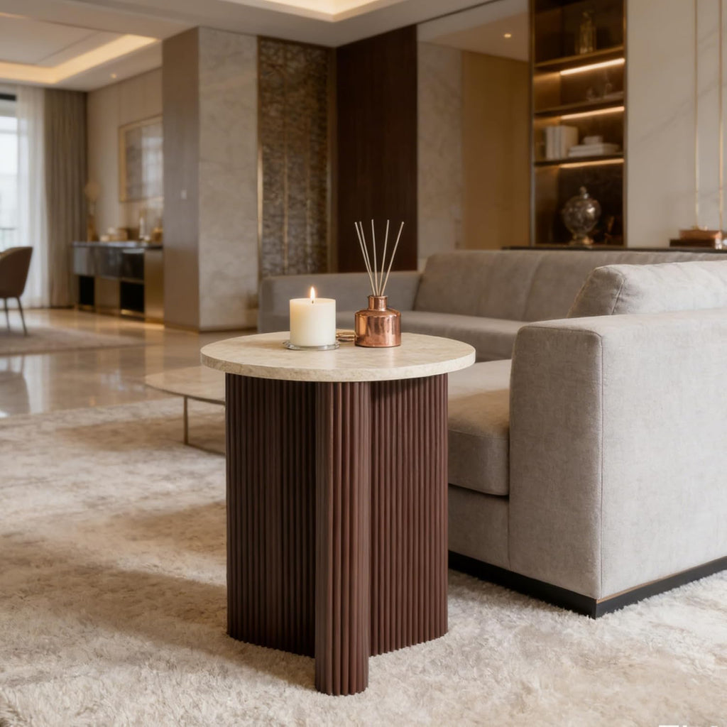 Merax Modern Round Side Table with Faux Marble Top & Brown Ribbed Base - Compact Round Coffee Table with Wooden Fluted Legs - 17.8' Accent End Table for Living Room & Bedroom, Brown