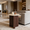 Merax Modern Round Side Table with Faux Marble Top & Brown Ribbed Base - Compact Round Coffee Table with Wooden Fluted Legs - 17.8' Accent End Table for Living Room & Bedroom, Brown
