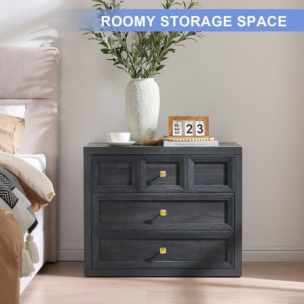 Nightstand Set of 2 W/Charging Station, 30.7' W King Size Bedside Table with 3 Drawers, Accent End Table W/Large Storage, Modern Wood Side Table for Bedroom, Dark Grey
