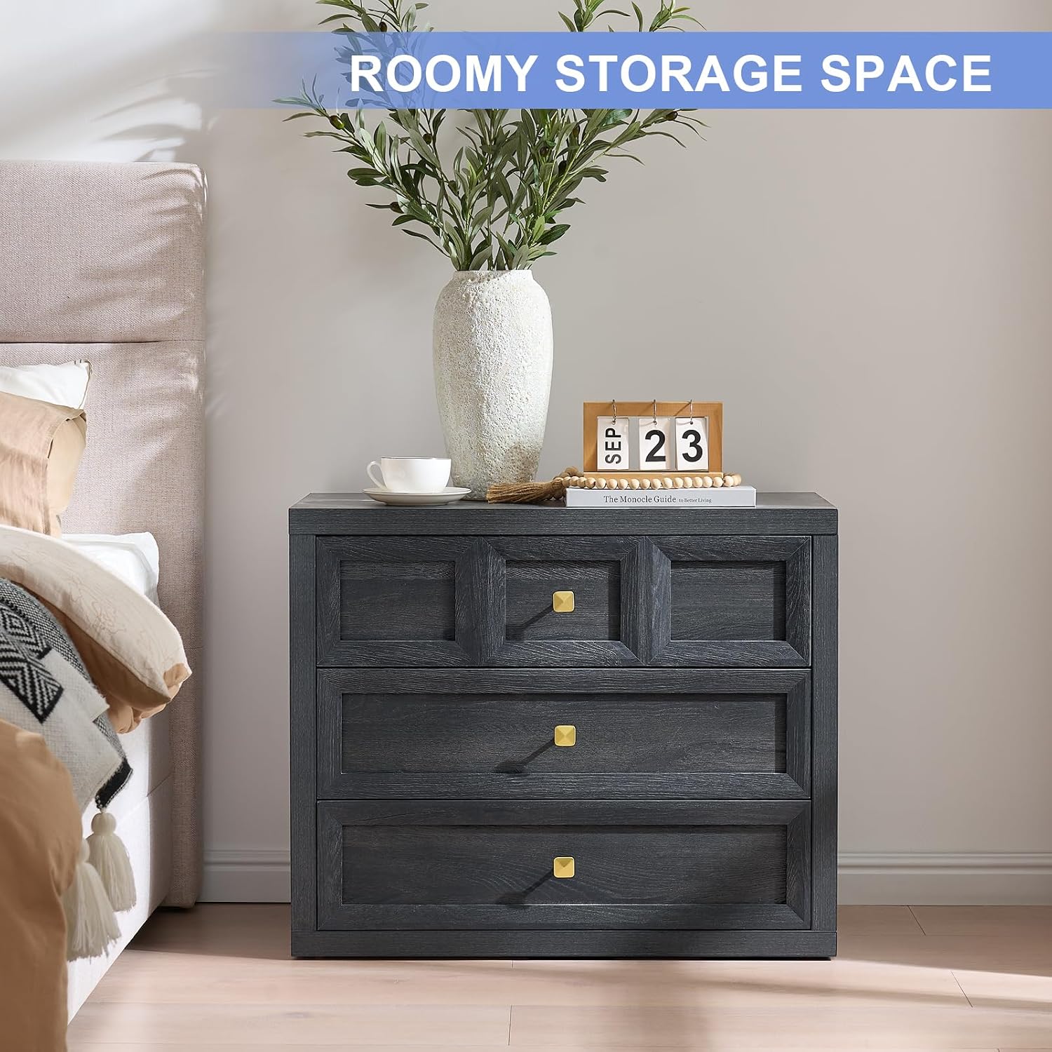 Nightstand Set of 2 W/Charging Station, 30.7' W King Size Bedside Table with 3 Drawers, Accent End Table W/Large Storage, Modern Wood Side Table for Bedroom, Dark Grey