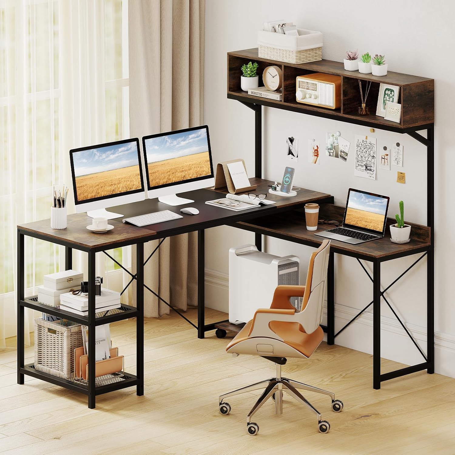 Tangkula 62' Reversible L-Shaped Computer Desk with Hutch & Power Outlets, Corner Computer Desk with 3 Compartments, Shelves & Mobile CPU Stand, Reversible Gaming Table Workstation for Home Office
