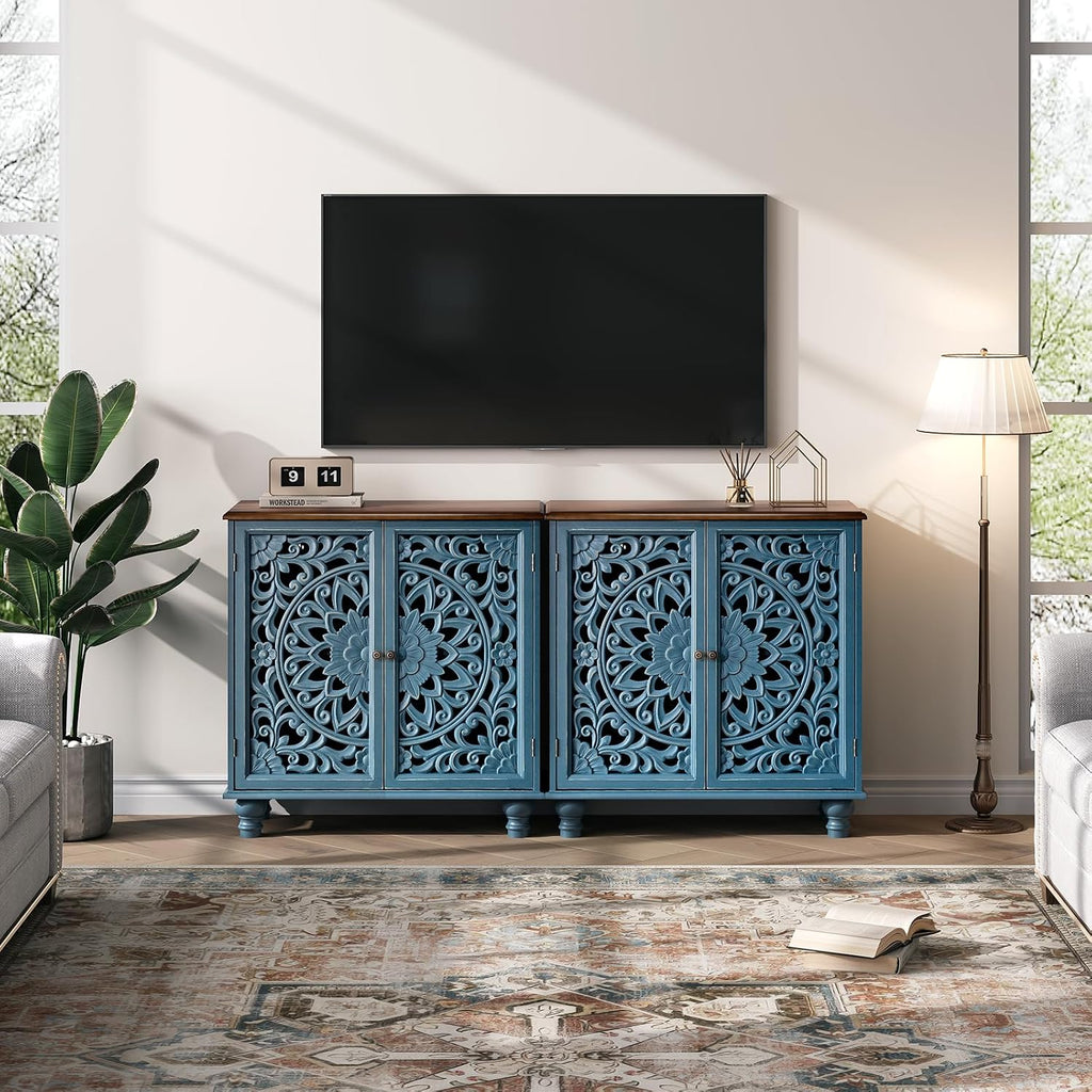 JOINICE Blue Accent Cabinet with Carved Doors, 31' Storage Cabinet for Entryway & Living Room, Vintage Sideboard Buffet Table with Adjustable Shelf, Solid Wood Legs, Boho Home Decor