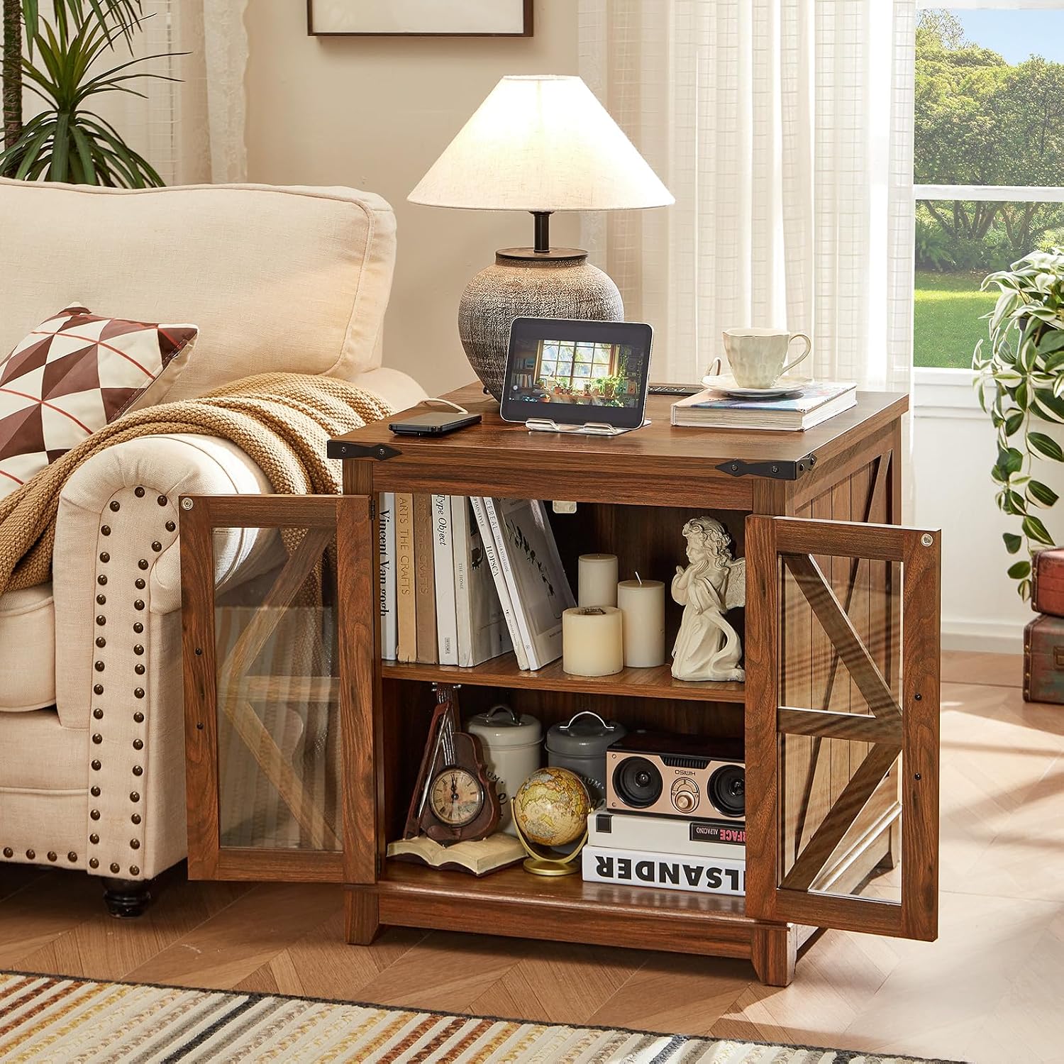 Joaxswe Farmhouse Coffee Table Sets 3 Pieces, 24'' End Table with Charger and Narrow 14'' Nightstand w/Glass Barn Door, Large Coffee Tables with Hidden Storage Organizer, Living Room Sets