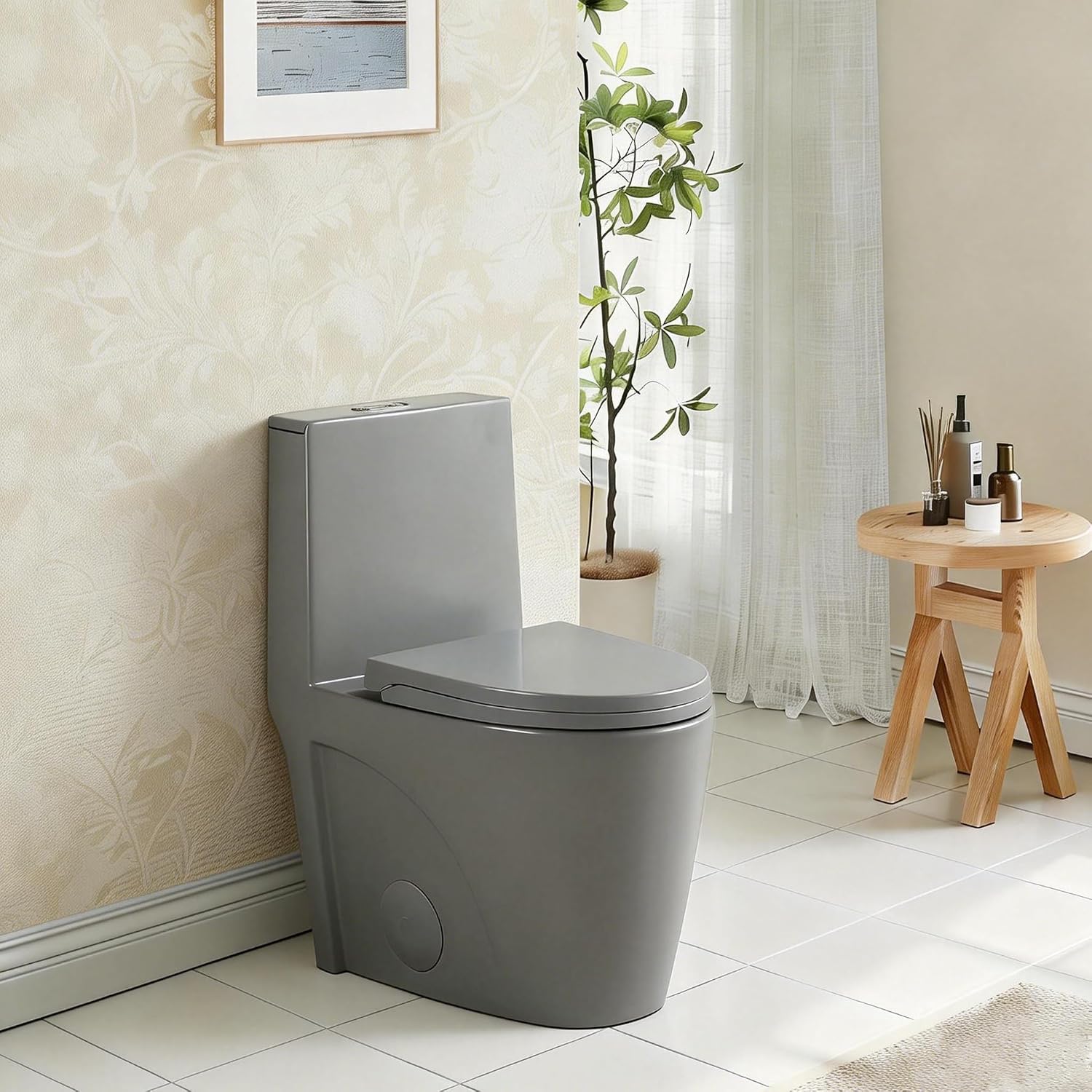 Dual Flush One Toilet, Water Saving Elongated Comfort Height Floor Mounted, Soft Close 1000 Gram Map Flushing SToilet, Light Grey