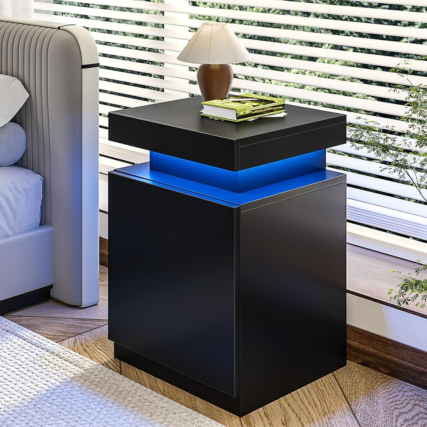 Nightstands Set of 2, 17.7 Inches LED Night Stand Set 2 with Charging Station, Bedside Table with Sliding Top Storage, Modern End Table for Bedroom, Black
