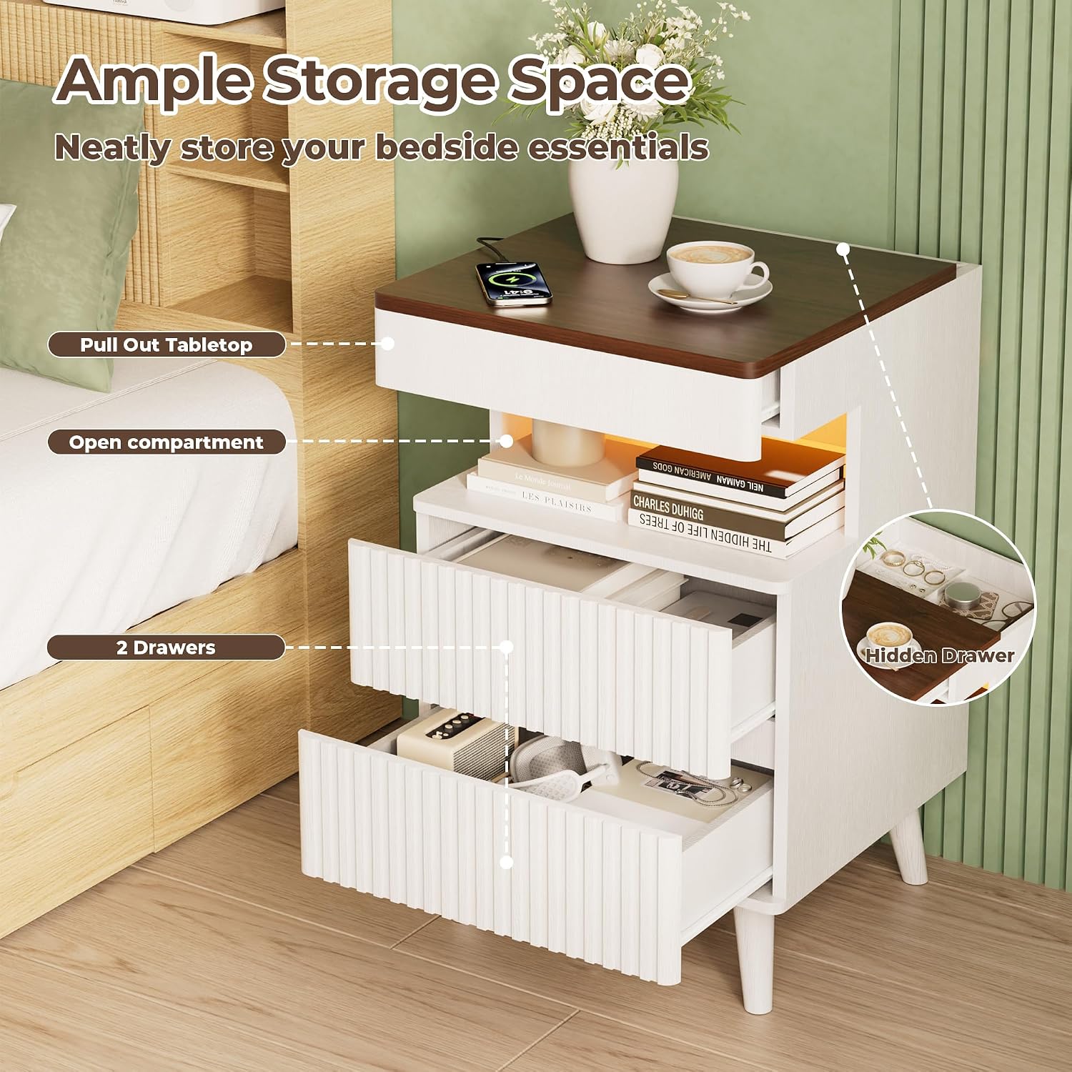 26' Tall Fluted Nightstand Set of 2 with Charging Station & LED Light, Modern End Table with 3 Storage Drawers and Pull-Out Tabletop, Wood Bedside Table for Bedroom, Living Room, White