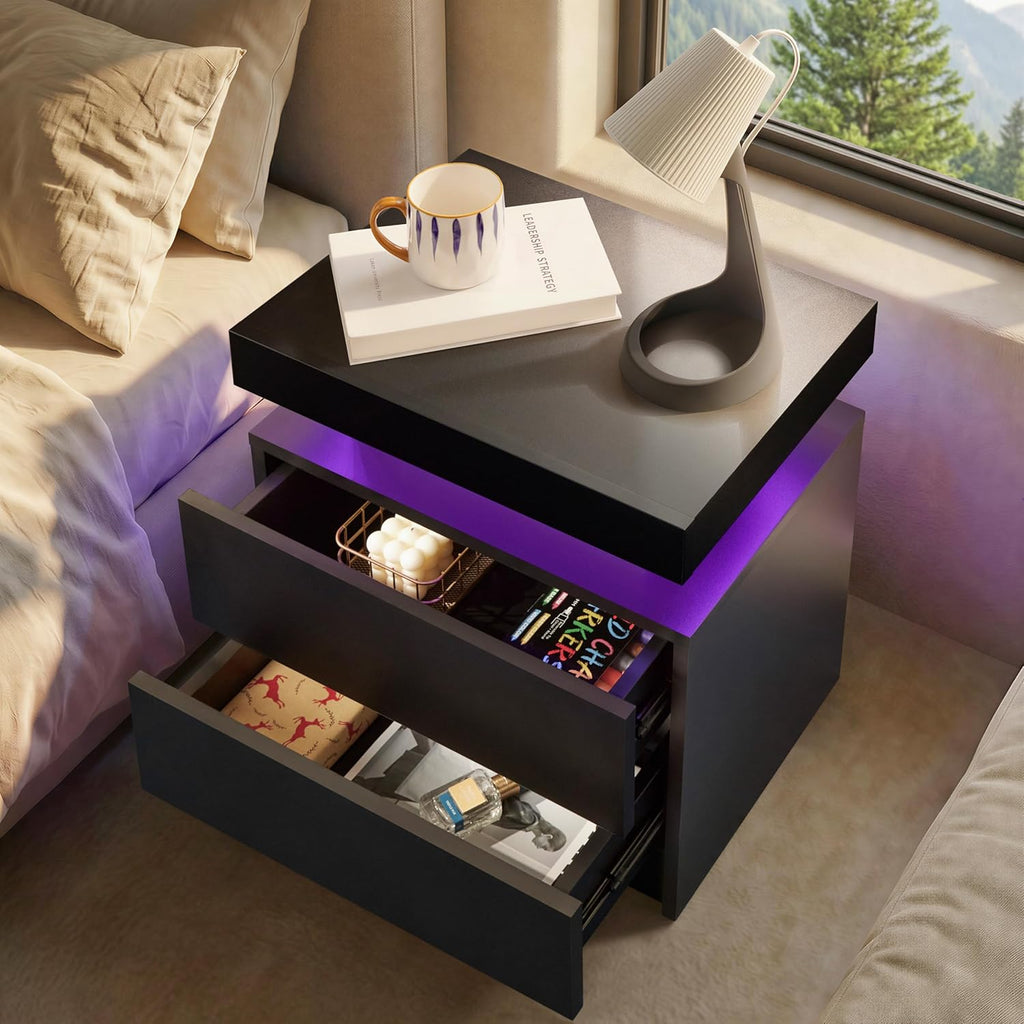 i-aplus Black Nightstand Set of 2 LED Bedroom Nightstands Set of 2 Modern Night Stands Set 2 Bedside Table with 2 Drawers for Bedroom