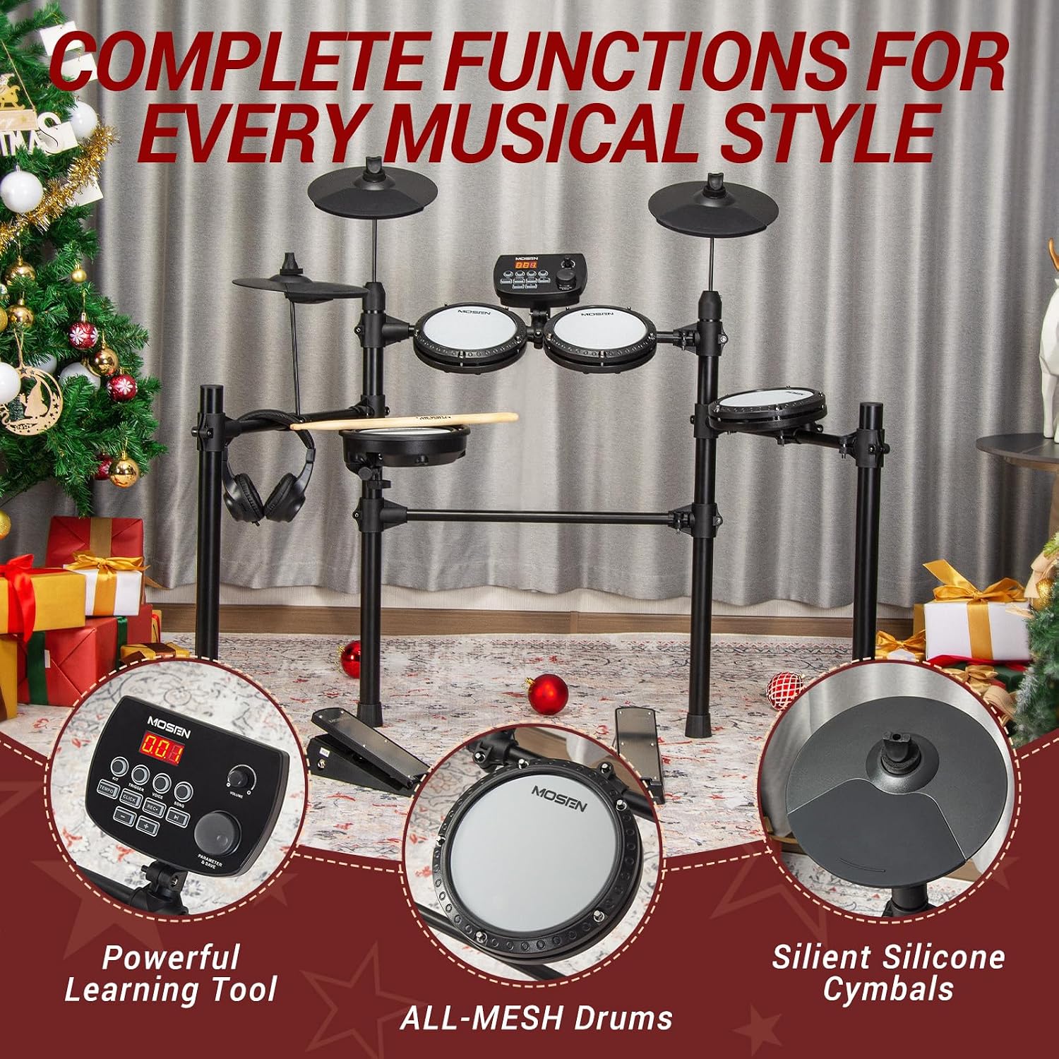 MOSEN Electric Drum Set with 4 Quiet Mesh Drum Pads, Cymbals, Sticks, Headphones, USB MIDI, Kick Pedal, 195+ Sounds and 25 Drum Kits for Beginner MED-X3