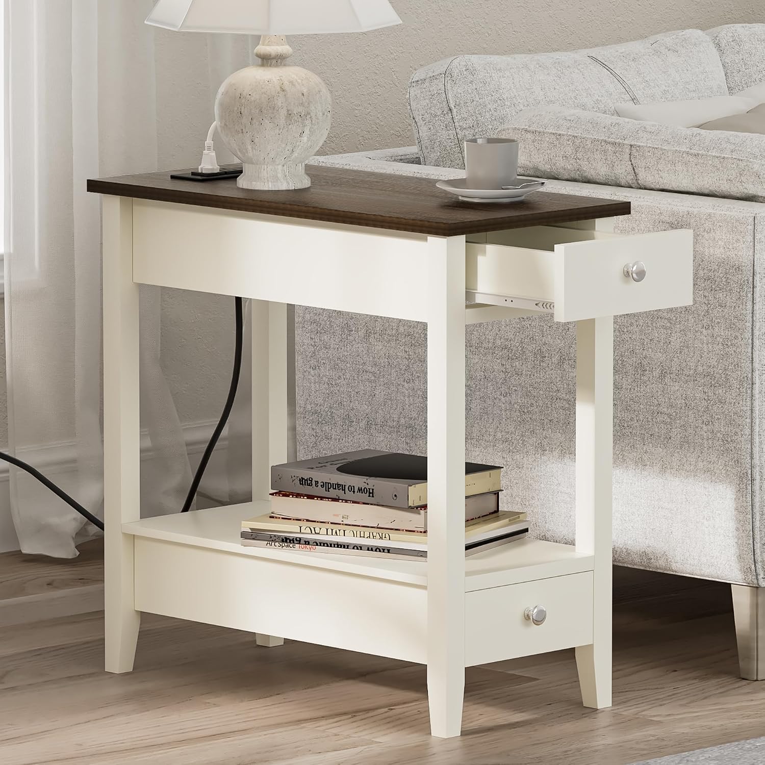 Treocho Farmhouse End Tables Living Room Set of 2, Narrow Side Table with Charging Station, Soft White Table Bedside Sofa for Small Spaces, Living Room, Bedroom
