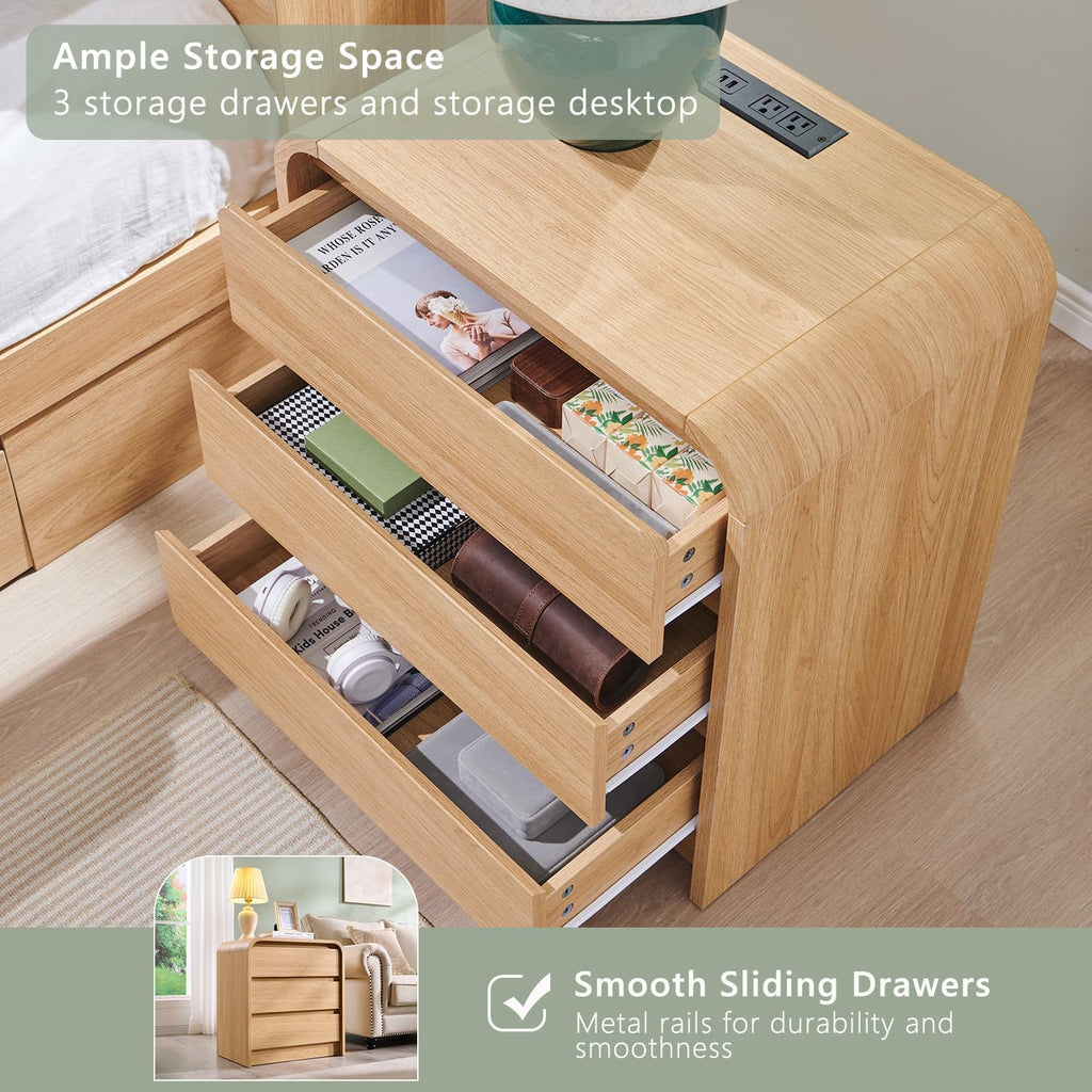 Aitjunz 25' Tall Modern Nightstand with Charging Station, 23.6'' Wide Wood Bedside Table w/3 Storage Drawers, Small Dresser w/Curved Profile Design, End Table for Bedroom, Natural Oak