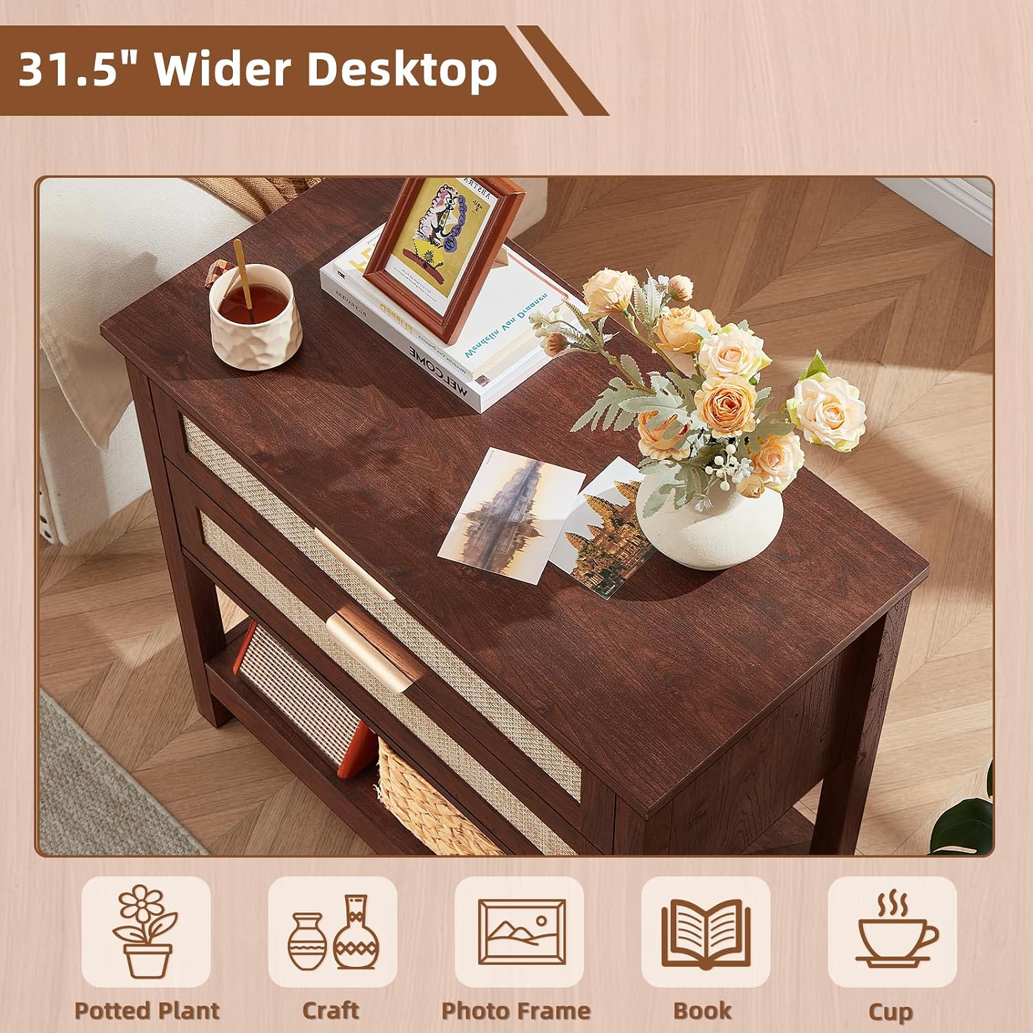 LEYAOYAO 31.5' Wide Rattan Night Stand, Large Boho Nightstand, Bedside Table with Storage, Tall Bed Side End Tables, Chest of Drawers for Bedroom, Living Room, Hallway（Walnut,2 Drawers,2）