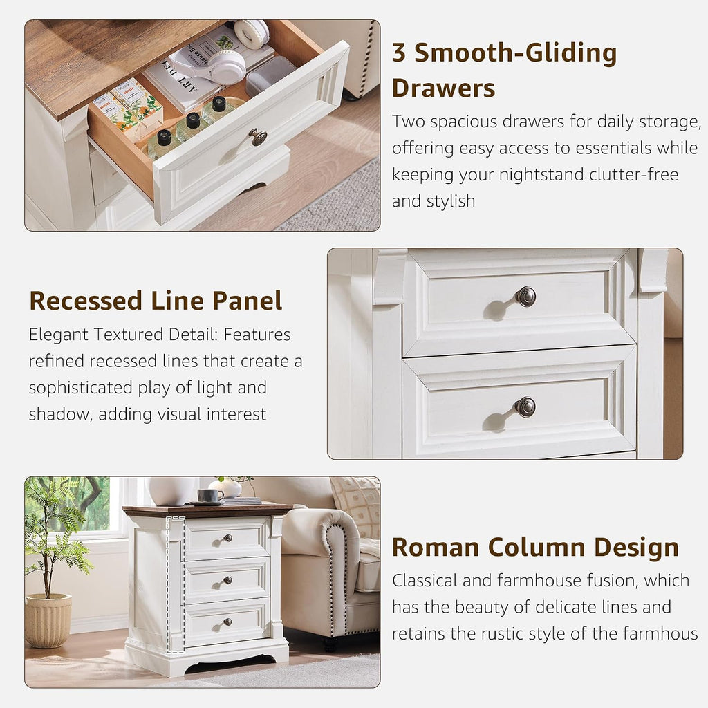 T4TREAM Farmhouse 26' Tall Nightstand with Charging Station, 23.6' End Table with 3 Drawers Storage, Wood Side Table w/Roman Column, Bedside Cabinet for Bedroom, Living Room, Antique White