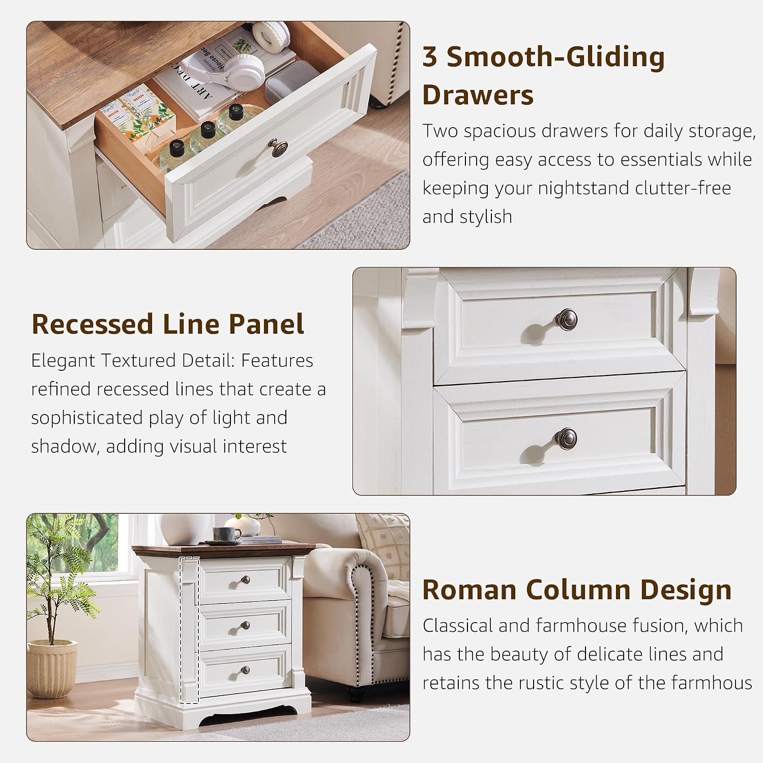 T4TREAM Farmhouse 26' Tall Nightstand with Charging Station, 23.6' End Table with 3 Drawers Storage, Wood Side Table w/Roman Column, Bedside Cabinet for Bedroom, Living Room, Antique White