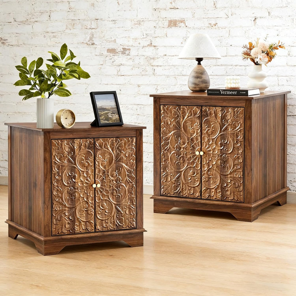 weselon Farmhouse End Table with Carved Floral Door, 24' Wide Nightstand with Adjustable Shelf, Wooden Square Sofa Side Table Storage Table for Living Room Bedroom (Walnut)