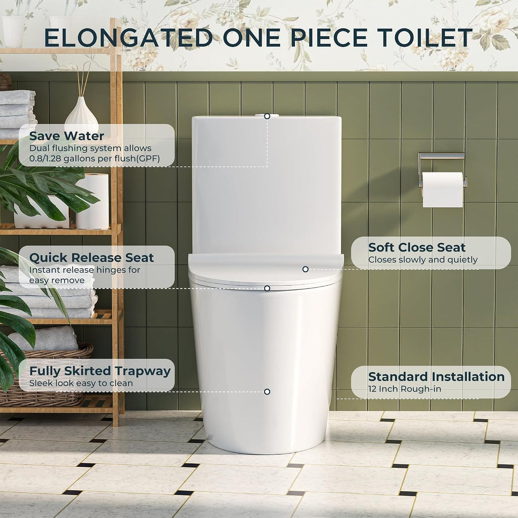 Modern One Piece Toilet, 1.1/1.6 GPF Elongated Dual Flush Toilet with Soft Closing Seat, Standard Modern Toilet for Bathroom, 12' Rough-In (Glossy White)
