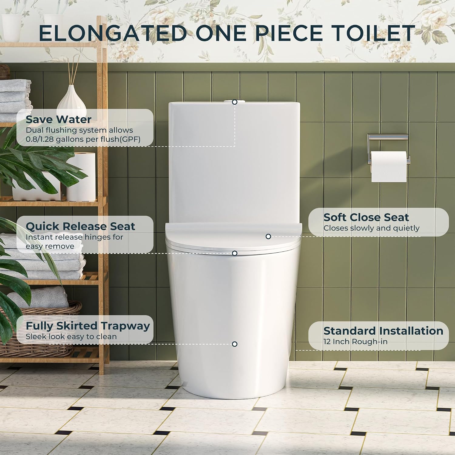 Modern One Piece Toilet, 1.1/1.6 GPF Elongated Dual Flush Toilet with Soft Closing Seat, Standard Modern Toilet for Bathroom, 12' Rough-In (Glossy White)