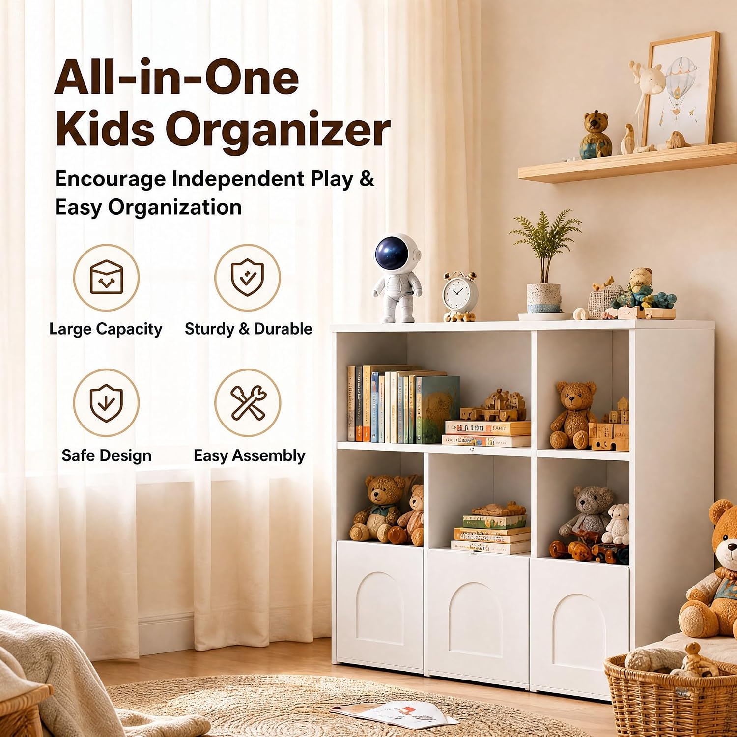 knoworld Toy Storage Organizer,Kid Bookshelf with 5 Cubbies+3 Roll Out Drawers with 360° Wheels, 15mm Thick Wooden Toy Box, Gift-Ready for Kid, Playroom Daycare Living Room, White (39' W)
